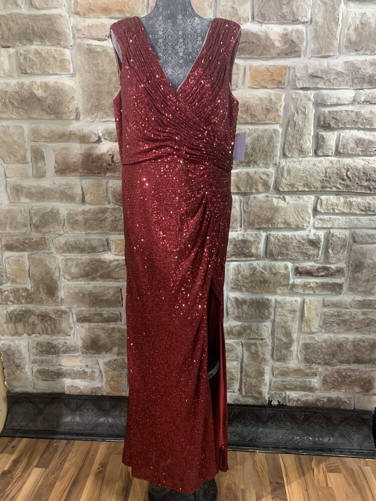Cinderella Divine Burgundy Sequin V Neck High Slit Gown