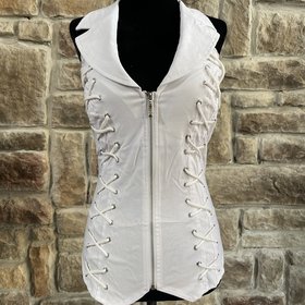 Lydia White Lace-Up Halter Top w/Collar, Cross Back