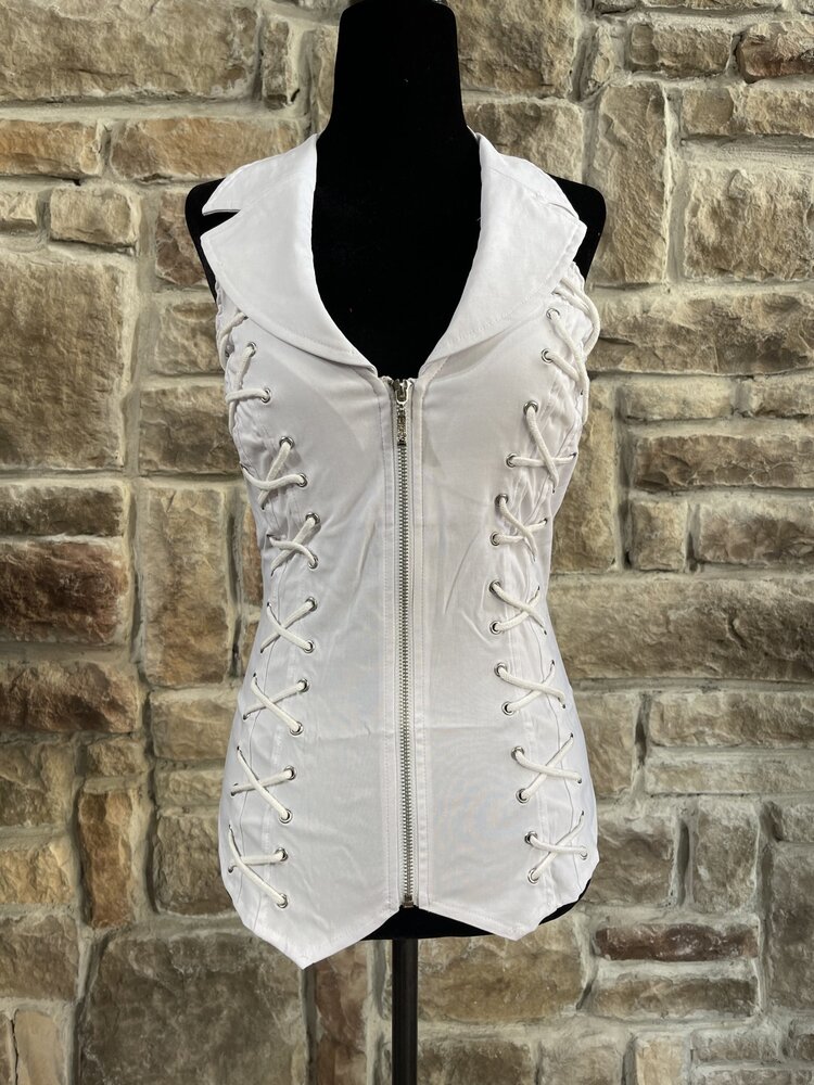 Lydia White Lace-Up Halter Top w/Collar, Cross Back