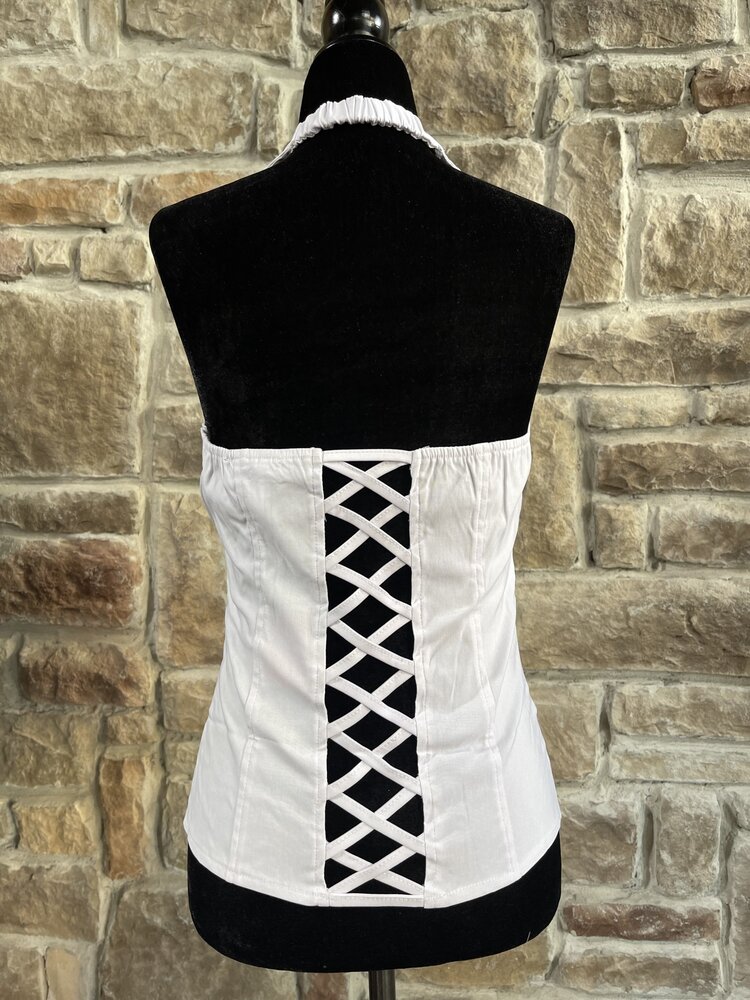 Lydia White Lace-Up Halter Top w/Collar, Cross Back