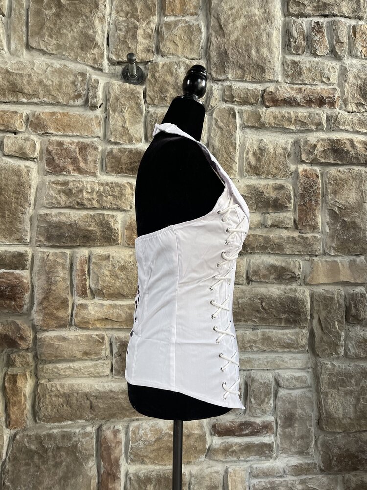 Lydia White Lace-Up Halter Top w/Collar, Cross Back