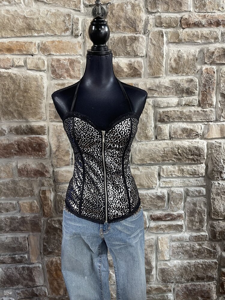 Lydia Silver Animal Print w/Lace Metallic Trim Corset