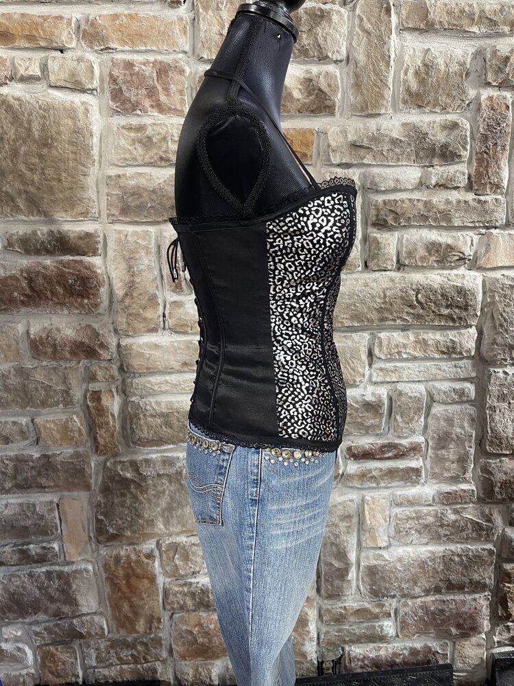 Lydia Silver Animal Print w/Lace Metallic Trim Corset