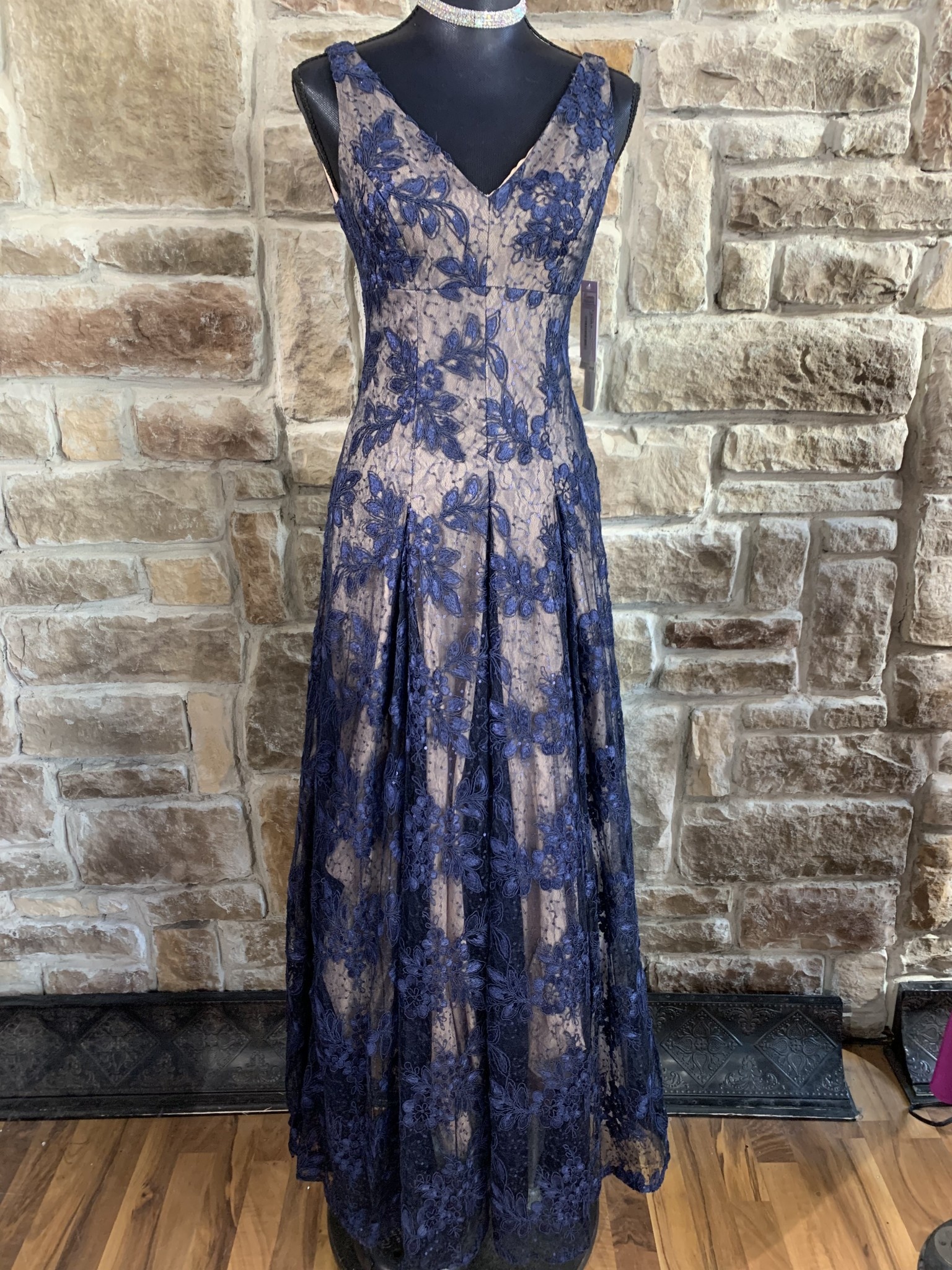 Navy Blue Lace Overlay Gown, Size 0