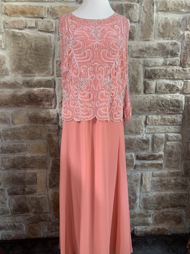 Jkara Coral Pearl Beaded Top Gown, Size 20