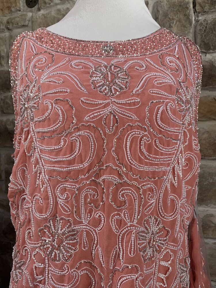 Jkara Coral Pearl Beaded Top Gown, Size 20