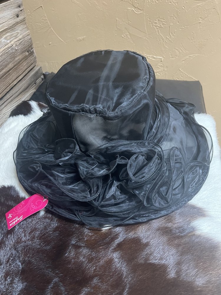 Sophia Collection Black Organza Ruffled Derby Hat, O/S