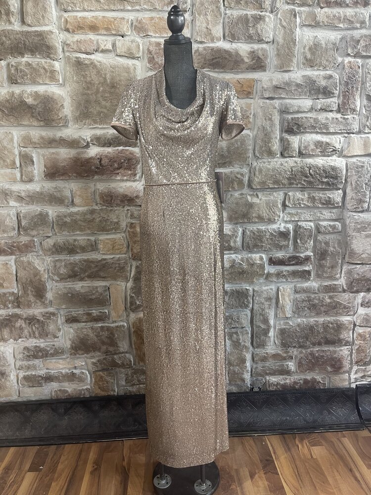 J S Collections Gold Sequin Cowl Neck Gown, Size 6