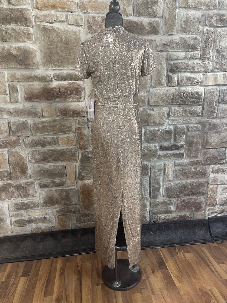 J S Collections Gold Sequin Cowl Neck Gown, Size 6