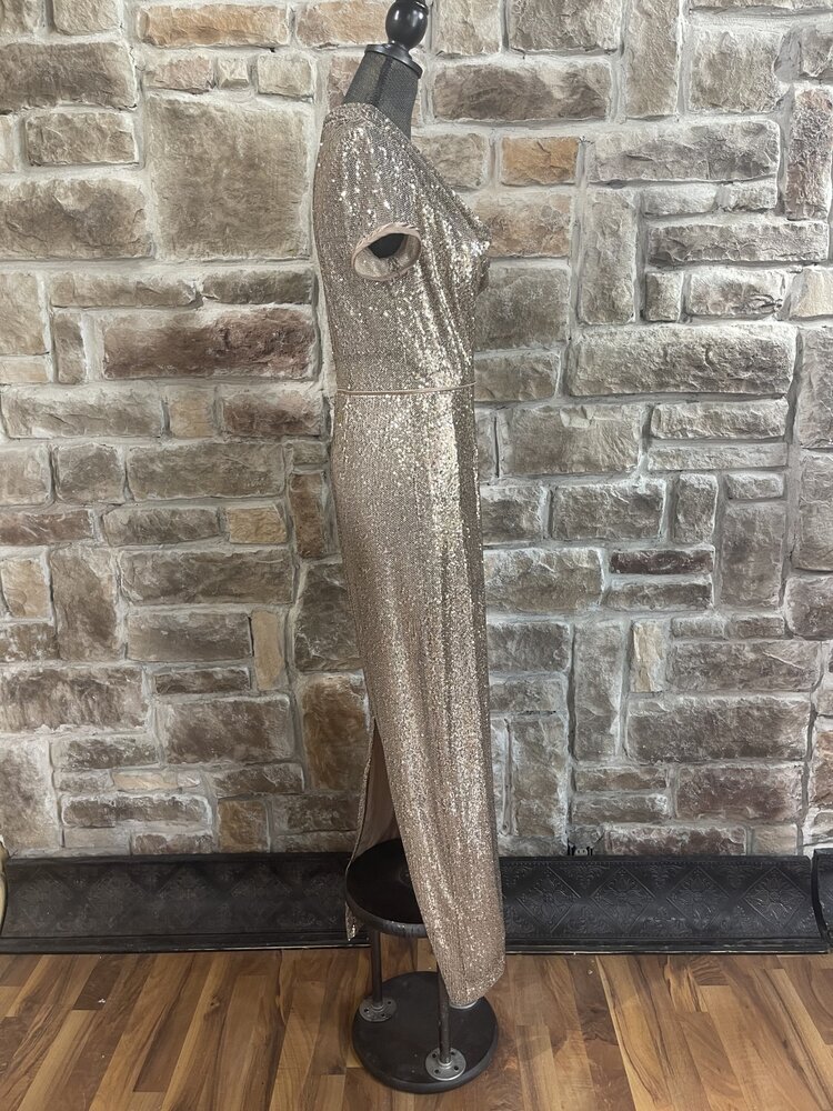 J S Collections Gold Sequin Cowl Neck Gown, Size 6