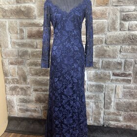 Tadashi Shoji Navy Applique Lace Gown with Illusion Neck, Size 6