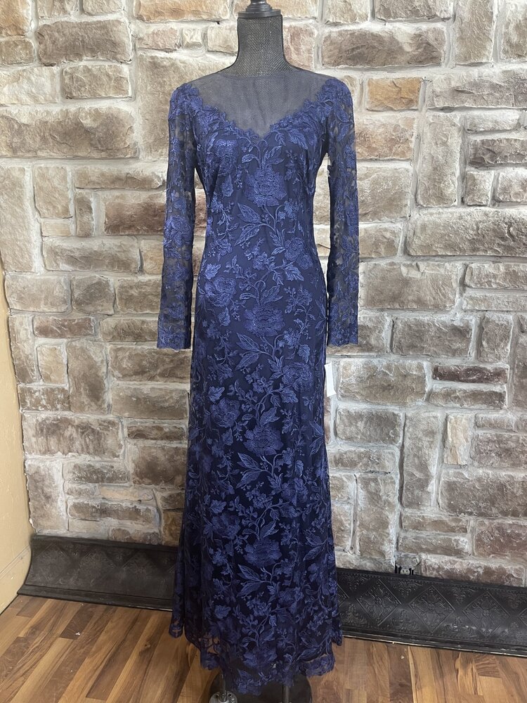 Tadashi Shoji Navy Applique Lace Gown with Illusion Neck, Size 6