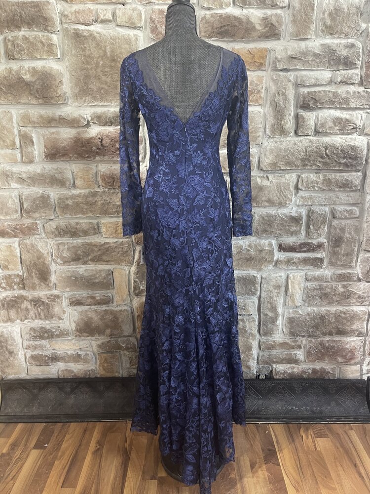 Tadashi Shoji Navy Applique Lace Gown with Illusion Neck, Size 6