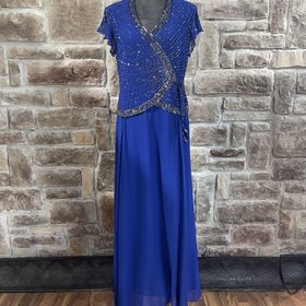 Jkara Cobalt Blue Beaded Gown w/Tie Waist, Size 16