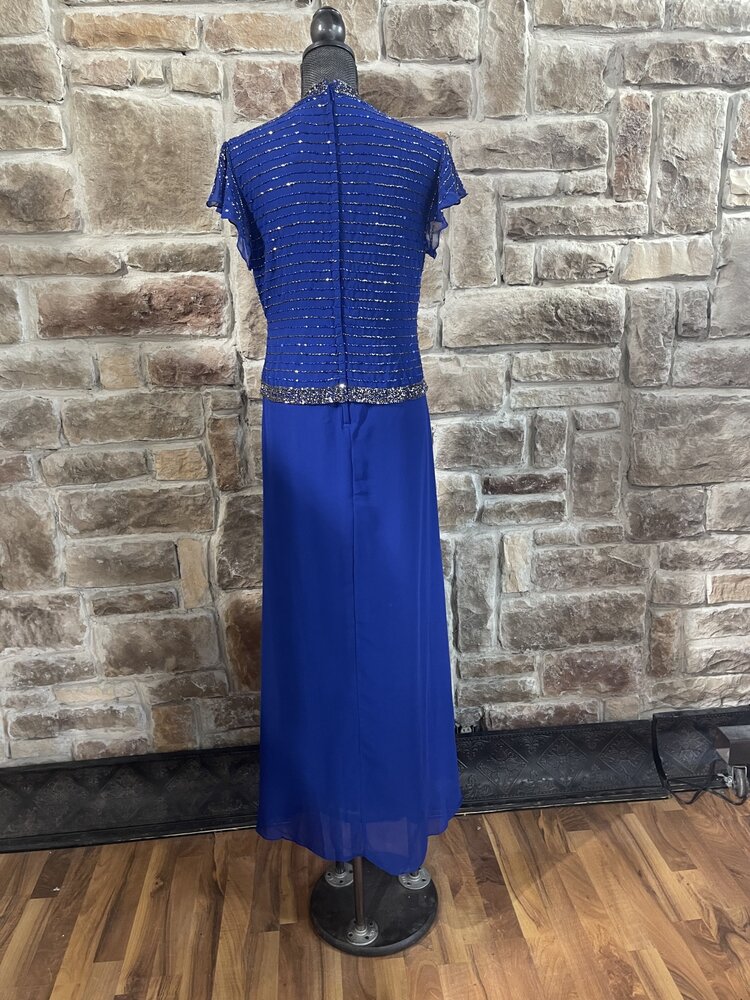 Jkara Cobalt Blue Beaded Gown w/Tie Waist, Size 16
