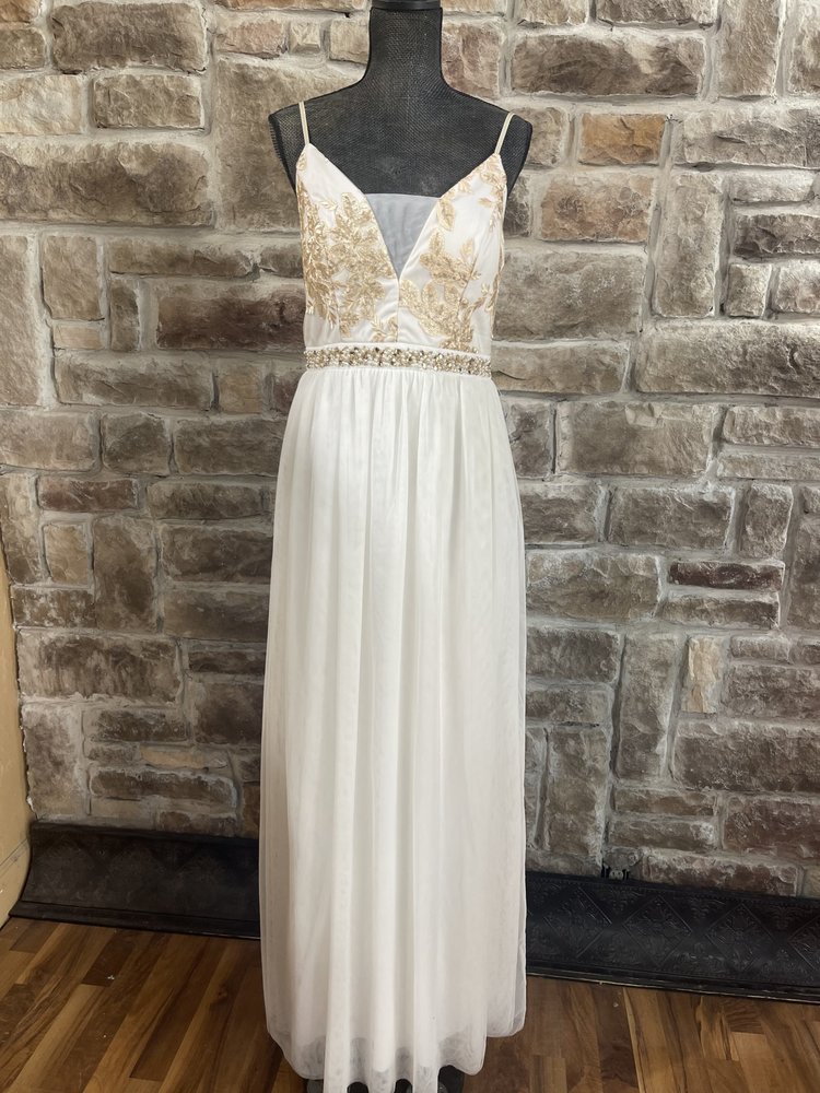 Emerald Sundae White Gown with Gold Applique and Beaded Belt, Size 13