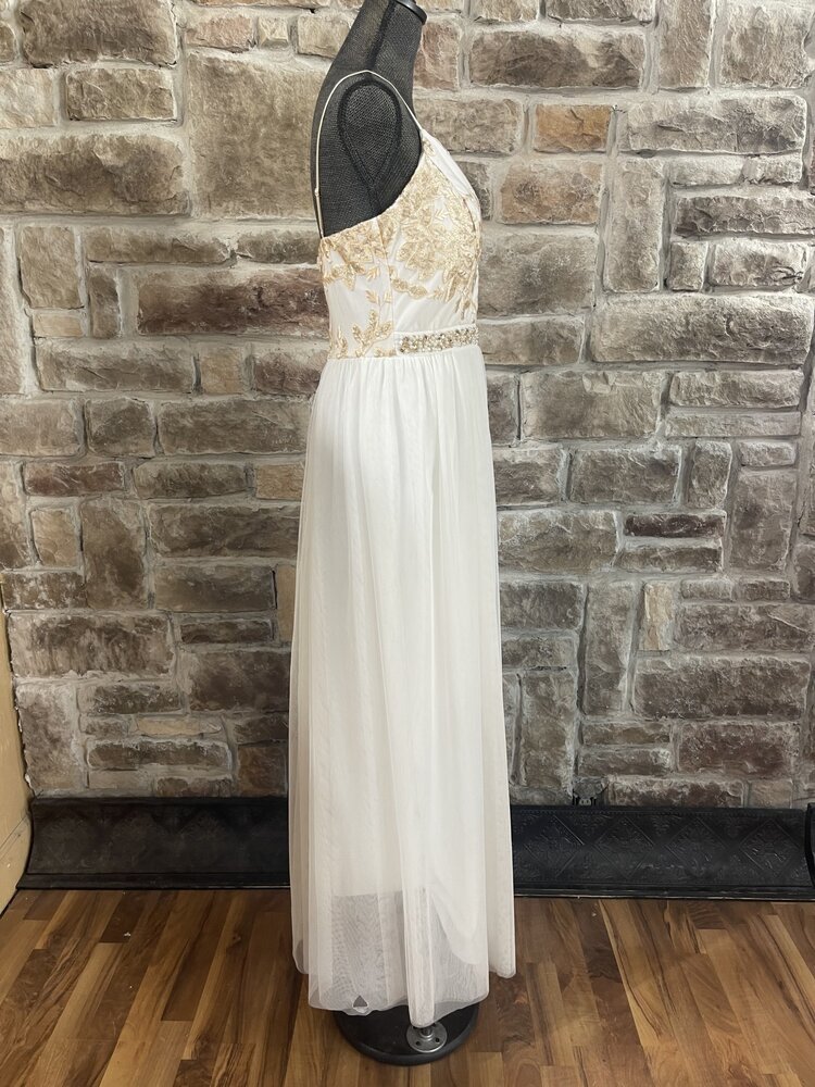 Emerald Sundae White Gown with Gold Applique and Beaded Belt, Size 13