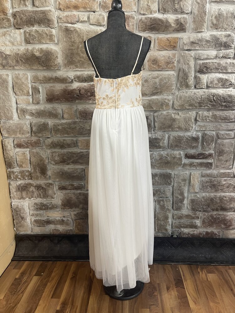 Emerald Sundae White Gown with Gold Applique and Beaded Belt, Size 13