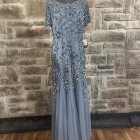 Adrianna Papell Slate Blue Sequin Flowers Gown with Short Sleeves, Size 16
