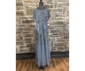 Adrianna Papell Slate Blue Sequin Flowers Gown with Short Sleeves, Size 16 Adrianna Papell Slate Blue Sequin Flowers Gown with Short Sleeves, Size 16