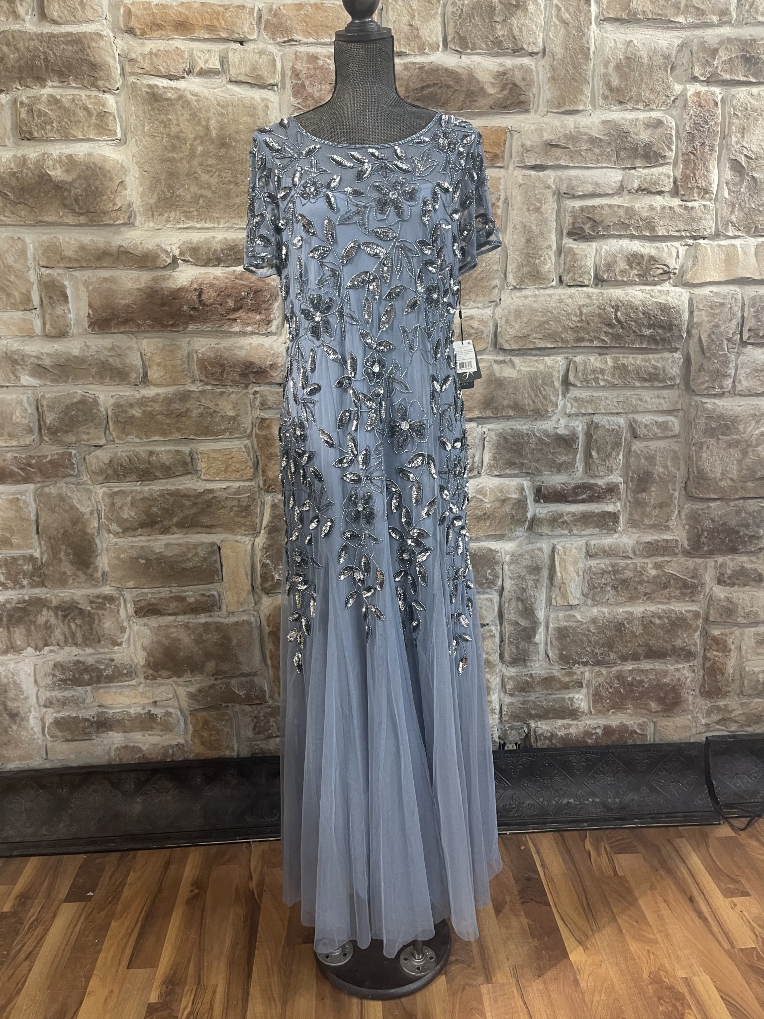 Adrianna Papell Slate Blue Sequin Flowers Gown with Short Sleeves, Size 16  - Elements Unleashed