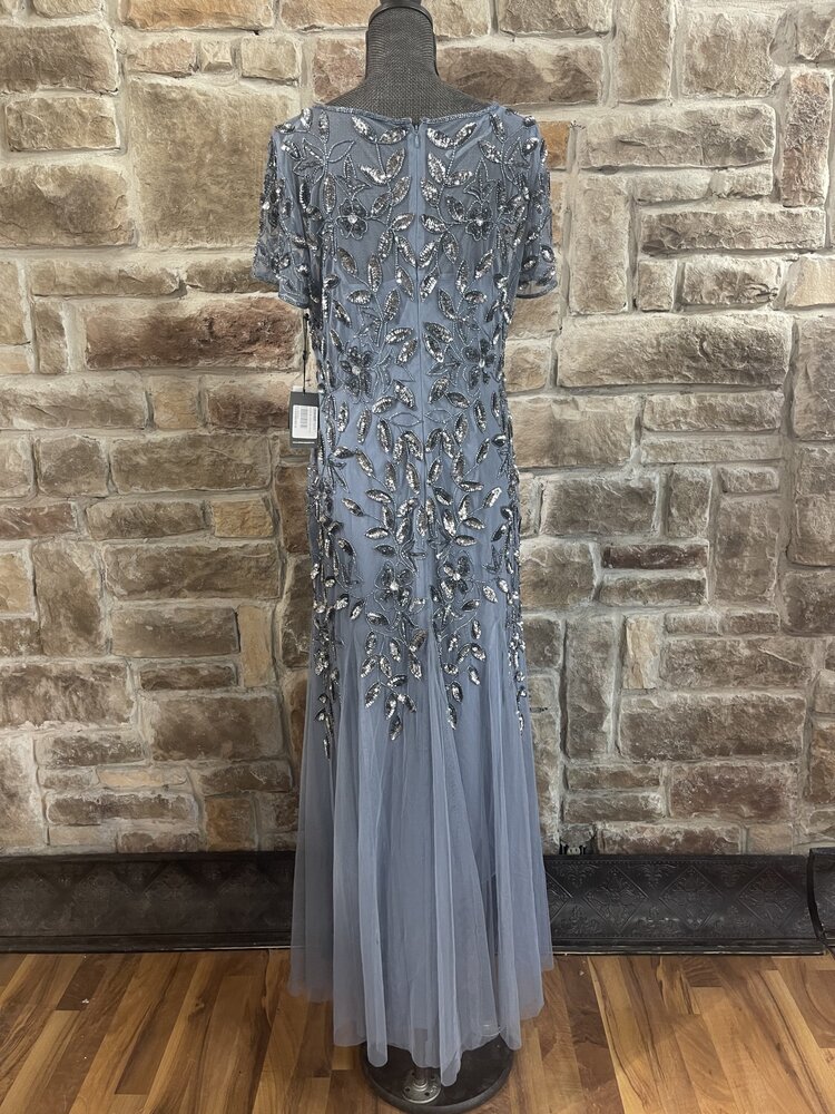 Adrianna Papell Slate Blue Sequin Flowers Gown with Short Sleeves, Size 16