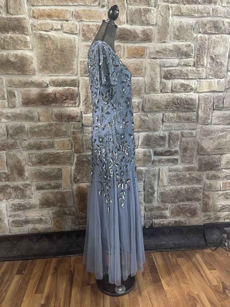 Adrianna Papell Slate Blue Sequin Flowers Gown with Short Sleeves, Size 16