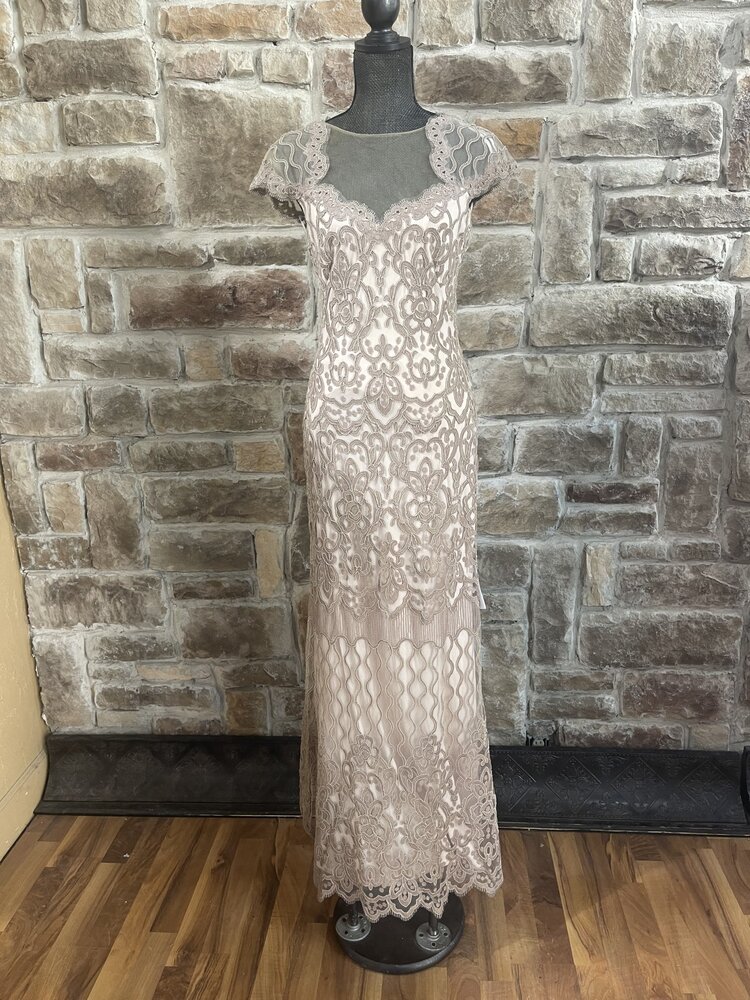 Tadashi Shoji Beige Embroidered Lace Gown, Size 6