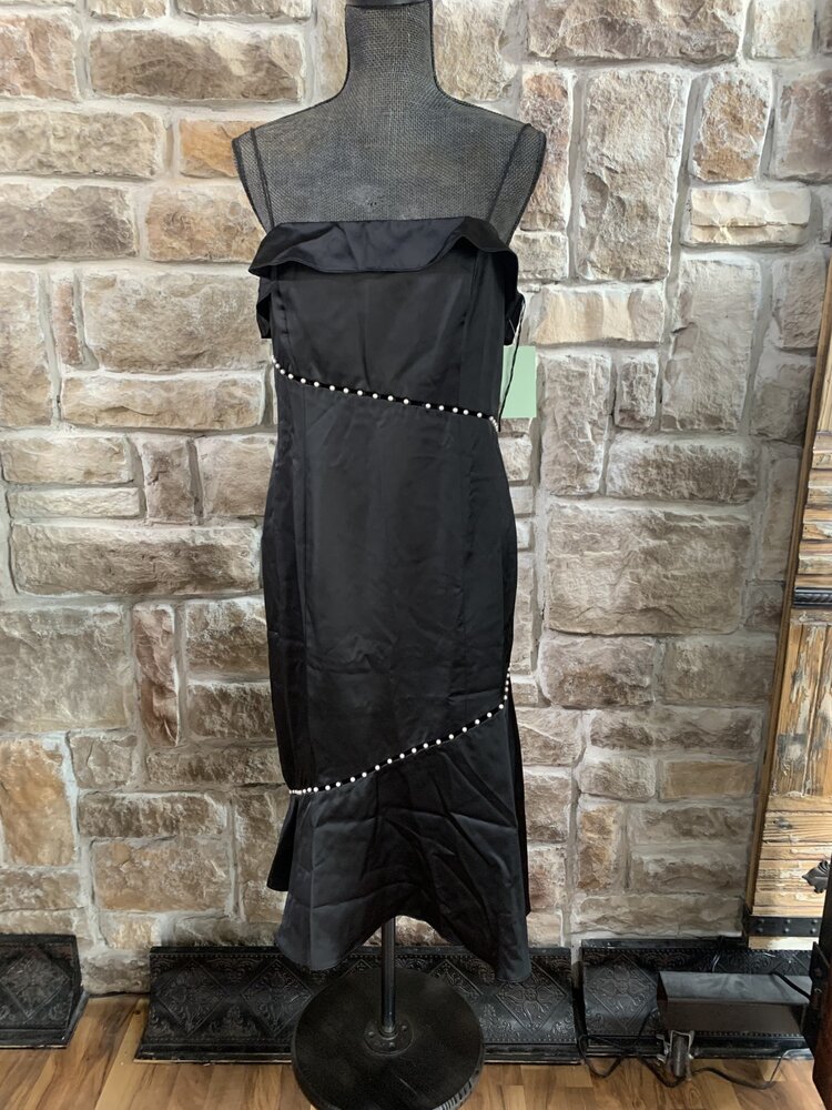 Aidan Mattox Black Satin Dress with Pearls, Size 12