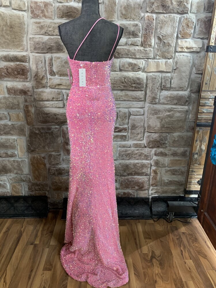 Velvi Pink  Sequin One Shoulder Gown, Size 2
