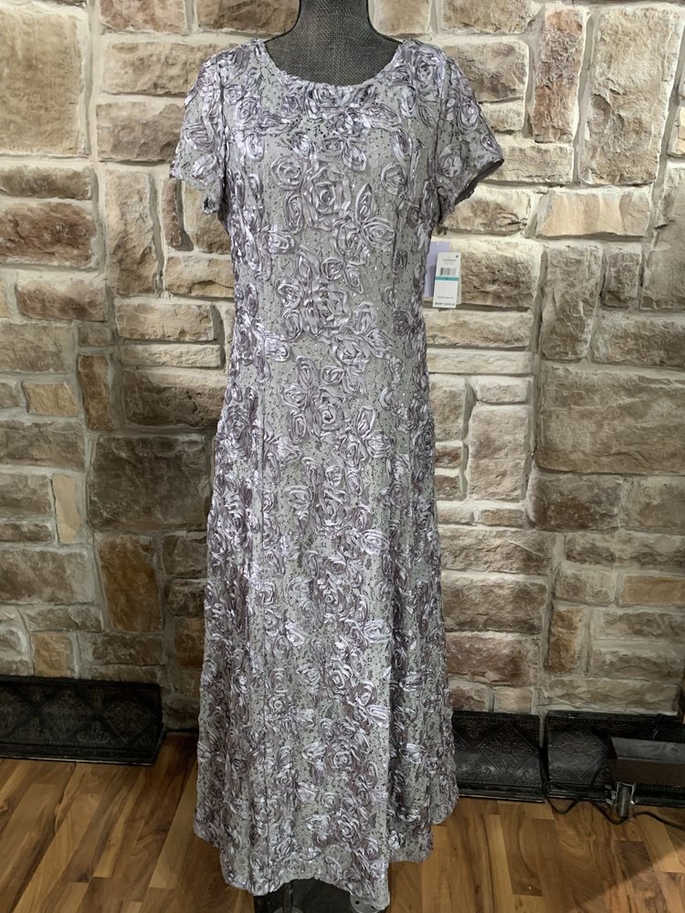 Alex Evenings Gray Rosette Long Gown with Short Sleeves, Size 16