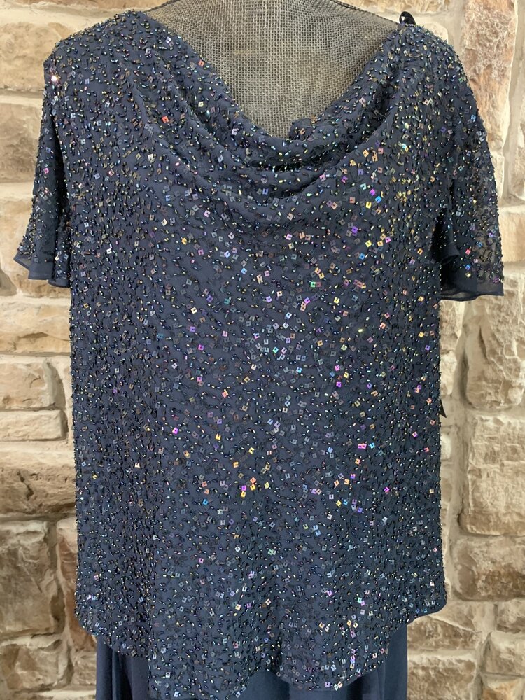 Jkara Navy Beaded Top Cowl Neck Gown with Flutter Sleeves, Size 18W