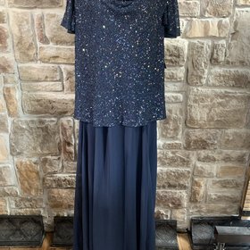 Jkara Navy Beaded Top Cowl Neck Gown with Flutter Sleeves, Size 18W