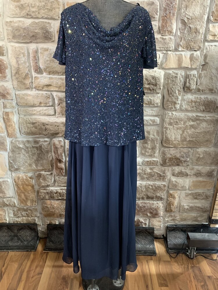 Jkara Navy Beaded Top Cowl Neck Gown with Flutter Sleeves, Size 18W