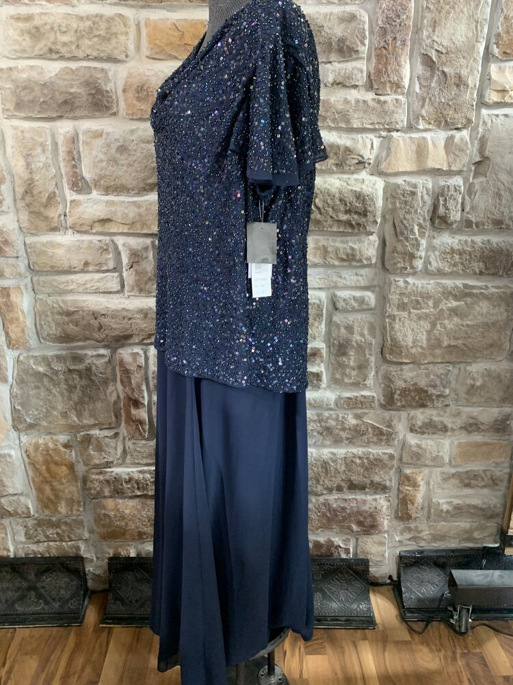 Jkara Navy Beaded Top Cowl Neck Gown with Flutter Sleeves, Size 18W