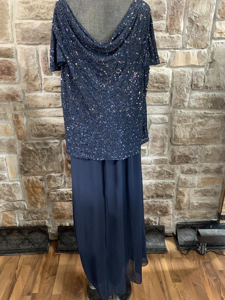 Jkara Navy Beaded Top Cowl Neck Gown with Flutter Sleeves, Size 18W