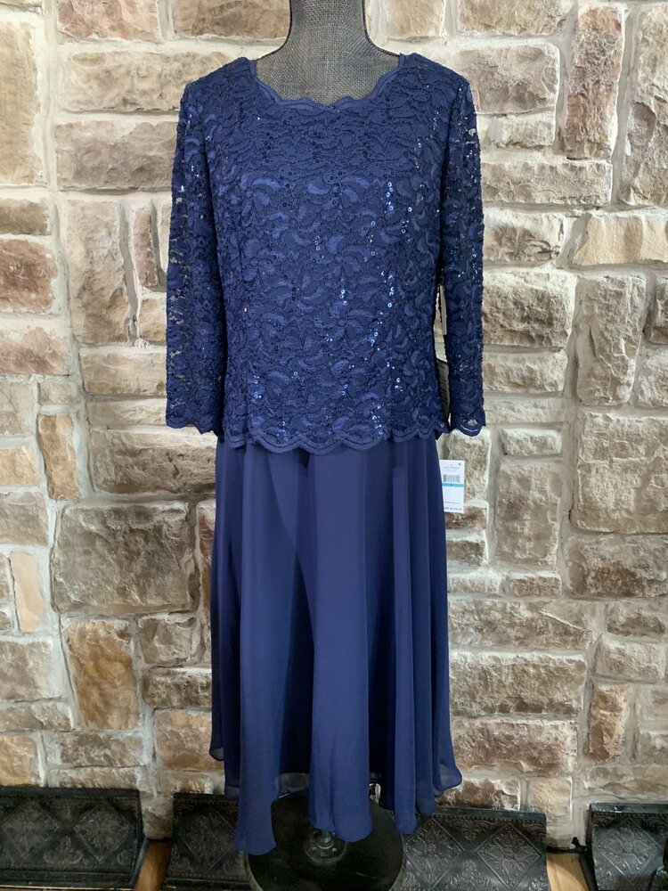 Alex Evenings Navy Lace and Sequin Top Dress, Size 18