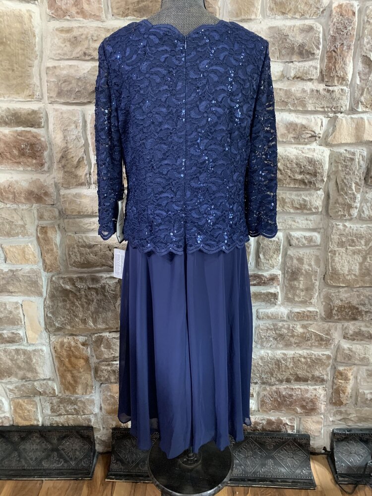 Alex Evenings Navy Lace and Sequin Top Dress, Size 18