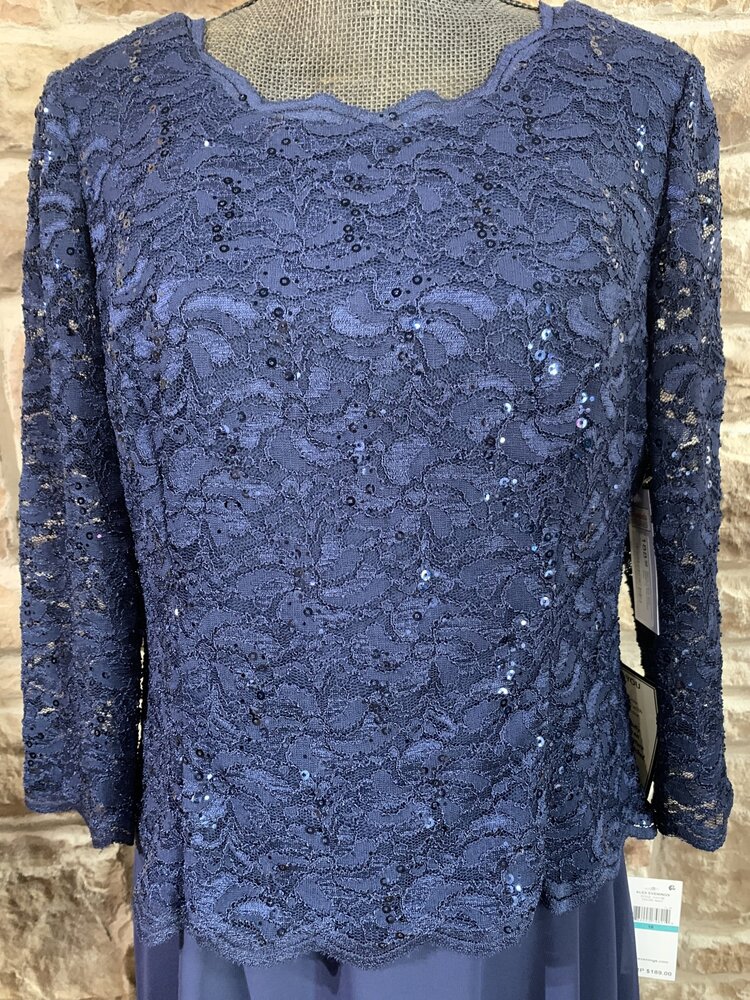 Alex Evenings Navy Lace and Sequin Top Dress, Size 18