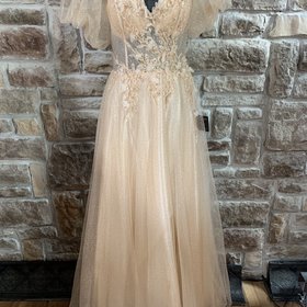 Champagne Gold Sparkle Gown with Puffy Sleeves
