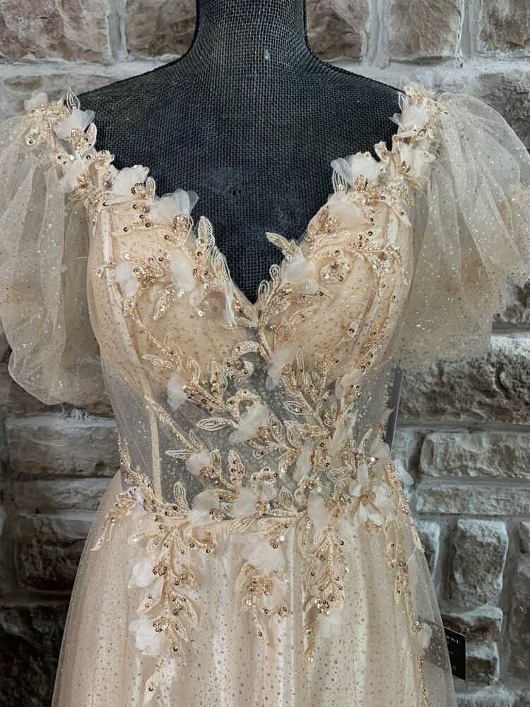 Champagne Gold Sparkle Gown with Puffy Sleeves