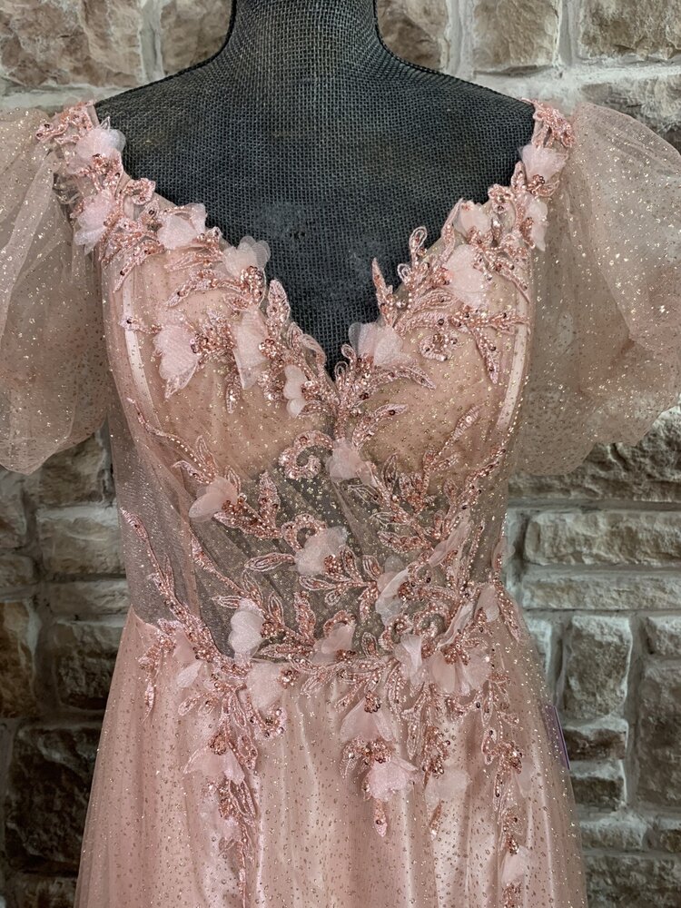 Ladivine Blush Gold Sparkle Gown with Puffy Sleeves, Size XL