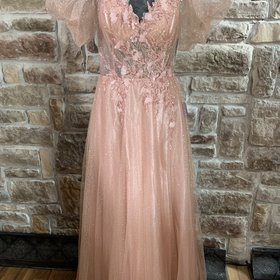 Ladivine Blush Gold Sparkle Gown with Puffy Sleeves, Size XL