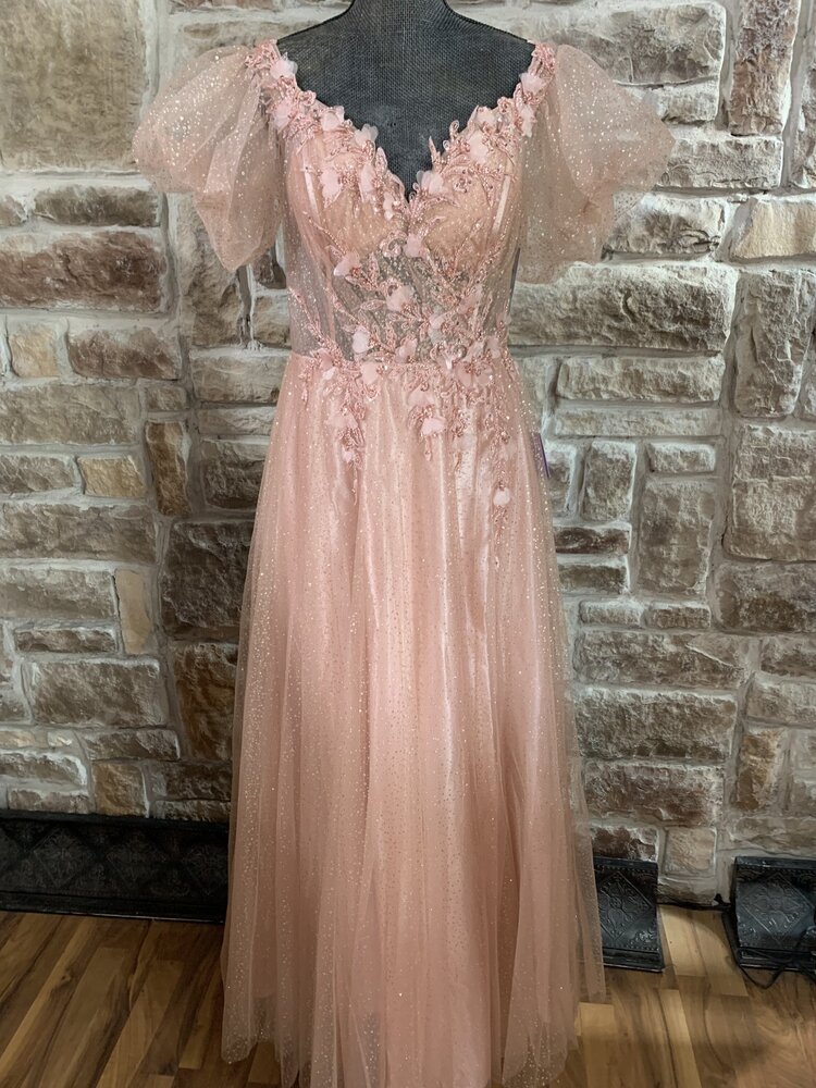 Ladivine Blush Gold Sparkle Gown with Puffy Sleeves, Size XL