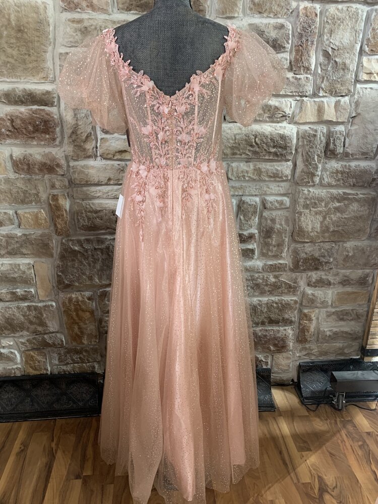 Ladivine Blush Gold Sparkle Gown with Puffy Sleeves, Size XL
