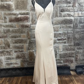 Aspeed Champagne Solid Satin Long Dress with Back Embellishments, Size S