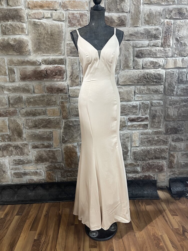 Aspeed Champagne Solid Satin Long Dress with Back Embellishments, Size S