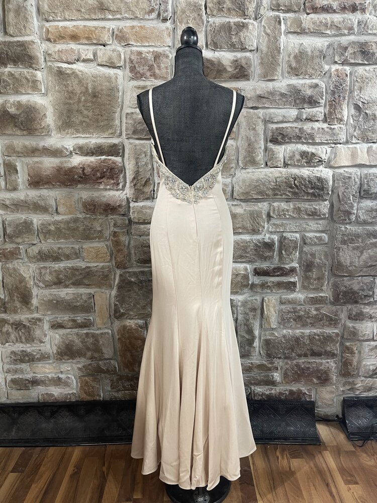 Aspeed Champagne Solid Satin Long Dress with Back Embellishments, Size S