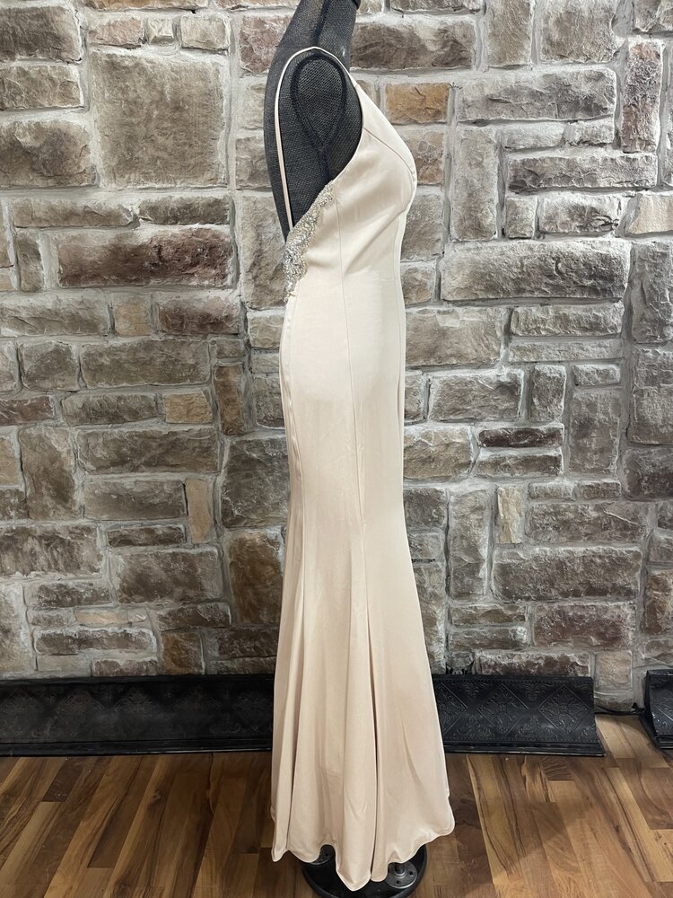 Aspeed Champagne Solid Satin Long Dress with Back Embellishments, Size S