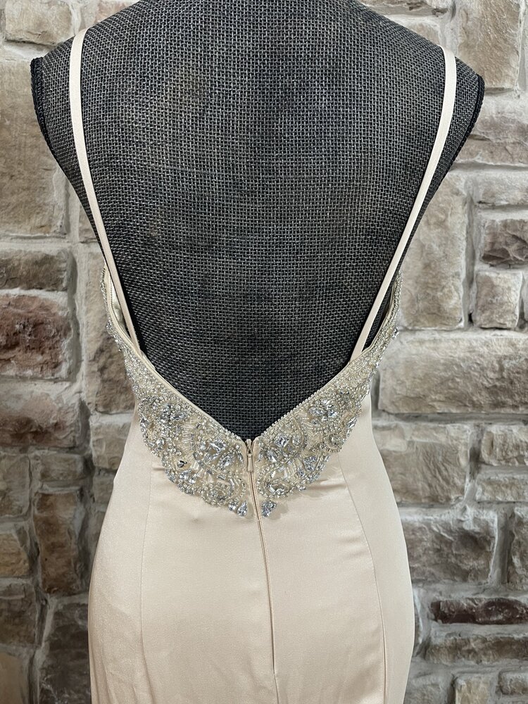 Aspeed Champagne Solid Satin Long Dress with Back Embellishments, Size S